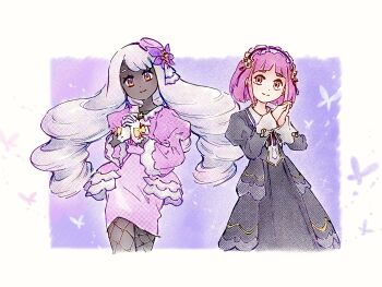 2girls black_dress brown_eyes closed_mouth commentary dark-skinned_female dark_skin dress fishnet_pantyhose fishnets gloves hair_ornament hands_up head_tilt headdress highres jacinthe_(pokemon) lacey_(fall_2025)_(pokemon) lacey_(pokemon) long_hair long_sleeves looking_at_viewer multiple_girls nintendo official_alternate_costume pantyhose pink_dress pink_hair pokemon pokemon_legends:_z-a pokemon_masters_ex short_hair smile symbol-only_commentary tan_carbonnn twintails white_gloves white_hair