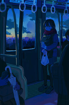 1girl 2boys 2girls backpack bag cellphone cityscape dark dawn hand_grip highres holding holding_bag holding_phone leggings morning multiple_boys multiple_girls oimoti_tn original phone plastic_bag red_scarf scarf shoes skirt smartphone solo solo_focus standing train_interior umbrella