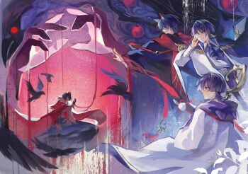 4boys adjusting_eyewear alternate_costume animal_ear_fluff animal_ears apple arm_support ascot bird black_gloves black_robe black_shorts black_sleeves blue_ascot blue_gem blunt_ends book brooch cape cat_boy cat_ears chun_neh cloak closed_mouth coat crow crown disembodied_hand epaulettes eyeliner faceless faceless_male feathers floating floating_book floating_object food formal_clothes frilled_sleeves frills fruit fur-trimmed_cape fur_trim gem genshin_impact gloves glowing glowing_eyes gold_crown gold_trim grey_eyes hair_intakes hand_on_ground hand_up highres holding holding_staff hood hood_down hooded_cloak jewelry kneeling kuronushi_(genshin_impact) leaf long_sleeves looking_at_another makeup monocle multiple_boys multiple_persona outstretched_arm parted_lips plant pom_pom_(clothes) purple_hair purple_hood red_cape red_eyeliner red_eyes rimless_eyewear robe scaramouche_(genshin_impact) scaramouche_(kabukimono)_(genshin_impact) shirt shorts smirk staff string thigh_strap tree tsurime undershirt wanderer_(genshin_impact) white_cloak white_coat white_eyes white_mouth white_shirt white_sleeves wing_collar yellow_feathers