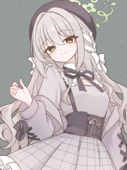 1girl alternate_costume argyle_background beret black_corset black_hat black_ribbon blonde_hair blue_archive bow braid breasts cardigan cardigan_partially_removed check_translation choppy_bangs closed_mouth collar corset cross-laced_clothes cross-laced_corset cross-laced_jacket curled_fingers eyeliner flower_halo frilled_collar frilled_skirt frills green_background green_halo grey_cardigan grid_skirt hair_between_eyes hair_bow hair_intakes hair_ribbon halo hat head_tilt highres hncstk jirai_kei laces light_smile long_eyelashes long_hair long_sleeves looking_at_viewer makeup miyo_(blue_archive) open_clothes raised_eyebrows red_eyeliner ribbon ribbon_braid shirt shirt_tucked_in sidelocks skirt sleeve_ribbon small_breasts solo translation_request white_bow white_collar white_ribbon white_shirt white_skirt yellow_eyes