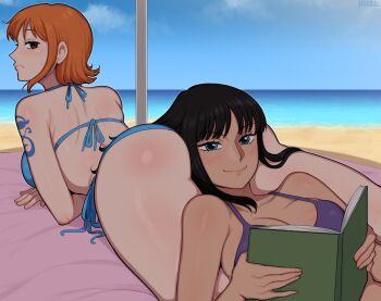 2024 2girls afrobull ass back-tie_bikini beach beach_towel between_buttocks bikini black_hair blue_eyes blunt_bangs blush book breasts brown_eyes head_on_ass holding holding_book long_hair looking_at_viewer looking_back lying multiple_girls nami_(one_piece) nami_(one_piece)_(pre-timeskip) nico_robin nico_robin_(pre-timeskip) ocean on_back on_stomach one_piece open_book orange_hair outdoors parasol shade short_hair side-tie_bikini_bottom swimsuit towel umbrella water