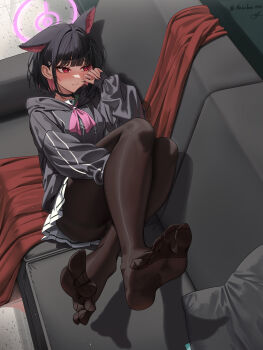 1girl absurdres animal_ears averting_eyes black_choker black_hair black_jacket black_pantyhose blue_archive blush cat_ears choker colored_inner_hair couch extra_ears feet grey_skirt halo highres hugging_own_legs indoors jacket kazusa_(blue_archive) legs_up lying macabro multicolored_hair nose_blush on_back on_couch pantyhose pink_eyes pink_hair pleated_skirt skirt solo two-tone_hair