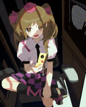 Rule 34 | 1girl, brown eyes, brown hair, commentary request, hat, highres, himekaidou hatate, holding, holding phone, indoors, kaigen 1025, looking at viewer, phone, pink hat, plaid clothes, plaid skirt, purple skirt, shirt, skirt, solo, tokin hat, touhou, twintails, white shirt