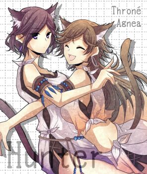 2girls agnea_bristarni animal_ear_fluff animal_ears armband bare_shoulders brown_hair cat_ears cat_tail character_name closed_eyes cowboy_shot crop_top earrings grid_background jewelry kemonomimi_mode light_blush memdic_(srs00108) midriff multiple_girls octopath_traveler octopath_traveler_ii open_mouth purple_eyes satsuki_(chaosmode) short_hair short_hair_with_long_locks smile swept_bangs tail throne_anguis tunic undershirt white_tunic