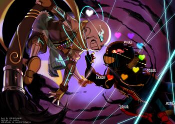 2boys :d aqua_eyes artist_name backlighting bent_over black_jacket black_sclera black_shorts blue_jacket blue_soul_(undertale) brown_gloves brown_shirt brown_shoes brown_shorts chiarasanchi clothes_around_waist colored_sclera colored_teeth commentary cyan_soul_(undertale) dual_persona english_commentary errortale eye_contact face-to-face feet_out_of_frame fingerless_gloves flaming_eye full_body glitch gloves glowing glowing_eyes green_soul_(undertale) grin hand_on_another&#039;s_chin heart holding holding_paintbrush holding_string index_finger_raised inktale jacket jacket_around_waist long_sleeves looking_at_another male_focus multiple_boys open_clothes open_jacket open_mouth orange_soul_(undertale) paint paintbrush purple_background purple_soul_(undertale) red_shirt sans_(undertale) shirt shoes short_sleeves shorts simple_background skeleton smile soul_(deltarune) string undertale utdr_(toby_fox) yellow_eyes yellow_soul_(undertale) yellow_teeth
