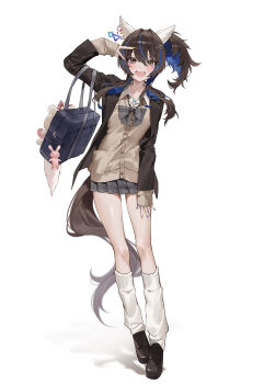 Rule 34 | 1girl, absurdres, animal ears, bag, blue hair, blue nails, blush, brown cardigan, brown eyes, brown hair, brown jacket, cardigan, collared shirt, colored inner hair, cowboy shot, daitaku helios (umamusume), ear covers, fang, full body, grey skirt, hair intakes, hair ornament, hairclip, highres, horse ears, horse girl, horse tail, jacket, legs, long hair, long sleeves, looking at viewer, loose socks, multicolored hair, multicolored nails, one side up, open mouth, plaid clothes, plaid skirt, pleated skirt, purple nails, school bag, school uniform, shirt, simple background, skin fang, skirt, smile, socks, solo, standing, star (symbol), star hair ornament, sticker, sticker on face, streaked hair, tail, thighs, umamusume, v, white background, white shirt, white socks, yellow nails, yogukasu