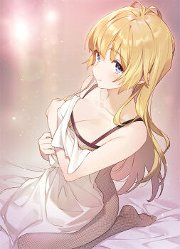 1girl angelica_(hitoribocchi_no_isekai_kouryaku) bare_shoulders bed_sheet blonde_hair blue_eyes breasts cleavage enomaru_saku hitoribocchi_no_isekai_kouryaku holding long_hair looking_at_viewer mesh nightgown smile solo