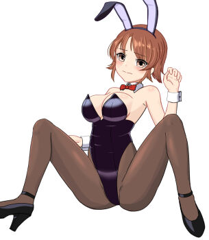 1girl akakin2012 animal_ear_hairband animal_ears black_leotard black_pantyhose black_shoes bow bowtie brown_eyes brown_hair commentary_request detached_collar fake_animal_ears flipped_hair hairband highleg highleg_leotard kantai_collection leotard m_legs pantyhose playboy_bunny rabbit_ears red_bow red_bowtie richard_p._leary_(kancolle) shoes short_hair simple_background sitting solo spread_legs strapless strapless_leotard white_background wrist_cuffs