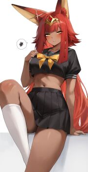 1girl absurdres alternate_costume animal_ear_fluff animal_ears arm_support black_sailor_collar black_shirt black_skirt blush bow bowtie commentary cropped_shirt dark-skinned_female dark_skin deyo_(nicijyou) gem gold_hairband hairband highres indie_virtual_youtuber knee_up kneehighs long_hair looking_at_viewer midriff navel nephernya_(vtuber) parted_lips pleated_skirt red_gemstone red_hair sailor_collar second-party_source shirt short_sleeves simple_background sitting skirt socks solo spoken_squiggle squiggle very_long_hair virtual_youtuber white_background white_socks yellow_bow yellow_bowtie yellow_eyes
