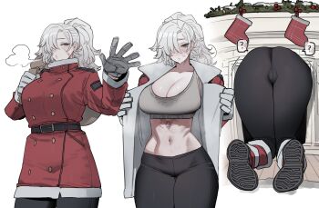 ? absurdres belt belt_buckle black_leggings blush boots breasts breath buckle cameltoe christmas_stocking cleavage clothes_writing coat commentary crop_top earrings english_commentary fur-trimmed_boots fur-trimmed_coat fur_trim gloves green_eyes hair_over_eyes highres holly jewelry large_breasts leggings multiple_views navel opened_by_self ponytail ratatatat74 red_boots red_coat scar scar_on_face scar_on_stomach spoken_question_mark steaming_body stomach_tattoo sweat sweatdrop tattoo through_wall white_gloves white_hair