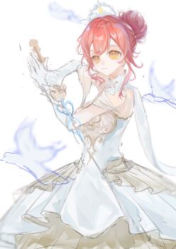 1girl absurdres armor bare_arms bird breastplate brown_eyes chinese_commentary closed_mouth collar commentary_request cowboy_shot detached_collar dianzishashouqiuyuban dot_nose dove dress expressionless eyelashes fighting_stance frilled_arm_warmers gloves hair_bun high_collar highres holding holding_sword holding_weapon infinity_nikki lace_collar light_blush looking_ahead medium_dress melody_bloom_(infinity_nikki) nikki_(nikki) nikki_(series) off-shoulder_dress off_shoulder pink_hair pleated_dress rapier ribbon see-through_clothes see-through_sleeves short_hair_with_long_locks short_sleeves sidelocks simple_background single_glove single_hair_bun solo standing sword tiara wavy_hair weapon white_arm_warmers white_background white_collar white_dress white_gloves white_ribbon