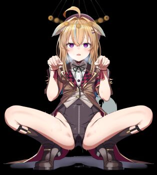 1girl absurdres ahoge animal_ears bad_id bad_twitter_id blonde_hair blush boots breath coin dog_ears dog_tail gaping hair_ornament hairclip hat heart heart-shaped_pupils highres hypnosis implied_sex jacket leotard leotard_under_clothes mind_control multicolored_hair open_mouth paw_pose purple_eyes ruler shinomu_(cinomoon) shinsougumi shitagai_nora solo spread_legs squatting sweat symbol-shaped_pupils tail virtual_youtuber