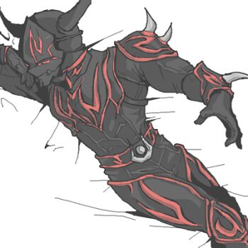 1boy armor bad_id bad_pixiv_id bedding_background black_armor hand_on_own_cheek hand_on_own_face jinta kamen_rider kamen_rider_den-o_(series) lying male_focus monster monster_boy negataros on_back on_bed oni red_eyes red_markings resized smirk spiked_armor spikes squinting upscaled waifu2x white_sheet