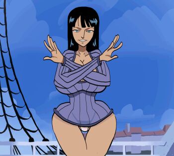 animated animated_gif assertive_female black_hair breasts chicken0chips cleavage covering_crotch covering_privates crotch_kick cunt_punt femdom hair_between_eyes huge_breasts kicking leaning_forward nami_(one_piece) nico_robin one_piece one_piece:_strong_world panties ryona smirk sneaky surprised tan underwear