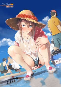 1girl artist_name blue_eyes blush breasts breasts_squeezed_together brown_hair bucket cloud day eight_tohyama embarrassed exhibitionism feet female_pubic_hair flip-flops groin hair_between_eyes hat head_tilt highres jacket large_breasts legs long_hair looking_at_viewer nipples open_clothes open_jacket original outdoors parted_lips pubic_hair pubic_hair_peek public_indecency pulling_own_clothes river sandals see-through_clothes shell shirt short_shorts shorts sky squatting standing straw_hat thighs toes water wet wet_clothes wet_shirt