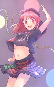 1girl :d ahoge arm_up belt belt_collar black_belt black_hat black_shirt blush breasts chain collar commentary_request earth_(ornament) gold_chain hand_up hat hecatia_lapislazuli long_hair medium_breasts moon_(ornament) multicolored_skirt navel one-hour_drawing_challenge open_mouth plaid_clothes plaid_skirt rangycrow red_eyes red_hair shirt skirt smile solo stomach t-shirt touhou underworld_(ornament)