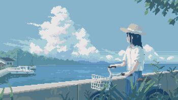 1girl animated animated_gif bicycle bicycle_basket black_hair blue_skirt blue_sky boat building cloud day dithering dock faceless faceless_female hat kanashino lake long_hair looping_animation original outdoors pixel_art scenery shirt skirt sky solo water watercraft white_shirt
