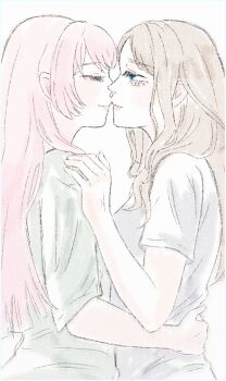 2girls 47_89 bang_dream! bang_dream!_it&#039;s_mygo!!!!! blue_eyes brown_hair chihaya_anon closed_eyes closed_mouth commentary_request green_shirt hand_on_another&#039;s_shoulder hand_on_another&#039;s_waist highres kiss long_hair looking_at_another multiple_girls nagasaki_soyo pink_hair purple_shirt shirt smile yuri