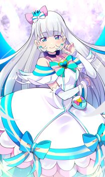 Rule 34 | 1girl, absurdres, aqua bow, aqua bowtie, blue choker, blue crown, blue eyes, blue hairband, blunt bangs, bow, bowtie, brooch, choker, closed mouth, commentary, crown, crown earrings, cure nyammy, dress, dress bow, earrings, elbow gloves, full moon, gloves, grey hair, hair bow, hairband, half-closed eyes, half gloves, hand in own hair, heart, heart brooch, highres, jewelry, long hair, looking at viewer, magical girl, mini crown, mitsuki tayura, moon, nekoyashiki yuki, night, off-shoulder dress, off shoulder, outdoors, pouch, precure, short dress, smile, solo, sparkle, standing, tilted headwear, very long hair, white dress, white gloves, wonderful precure!
