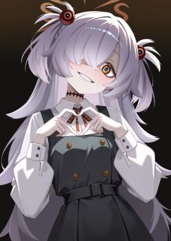 1girl blue_archive bow bowtie choker collared_shirt dress grey_hair hair_ornament hair_over_one_eye halo heart heart_hands highres kanoe_(blue_archive) kurokku_(ohuro_ni_deer) long_hair long_sleeves looking_at_viewer multicolored_eyes pinafore_dress ribbon shirt sleeveless sleeveless_dress smile solo teeth two_side_up very_long_hair white_shirt