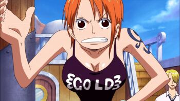 1girl animated animated_gif bouncing_breasts breasts cleavage huge_breasts large_breasts nami_(one_piece) one_piece orange_hair tattoo