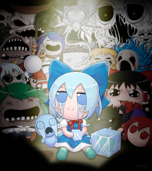 absurdres antennae black_eyes black_hair blighted_ovum_(the_binding_of_isaac) blonde_hair blood blue_bow blue_eyes blue_hair bow cirno closed_mouth commentary cosplay crossover crying crying_with_eyes_open delirium disembodied_head dogma_(the_binding_of_isaac) english_commentary envy_(the_binding_of_isaac) freezer_baby frozen_frog fumo_(doll) greed_(the_binding_of_isaac) green_hair grummsed hair_bow hair_tubes hairband hakurei_reimu hata_no_kokoro hata_no_kokoro_(cosplay) headless_horseman_(the_binding_of_isaac) highres ice ice_cube konpaku_youmu konpaku_youmu_(cosplay) konpaku_youmu_(ghost) kurodani_yamame kurodani_yamame_(cosplay) mask_of_infamy matara_okina matara_okina_(cosplay) mizuhashi_parsee mizuhashi_parsee_(cosplay) mother_(the_binding_of_isaac) open_mouth rainbow_hairband red_eyes sekibanki signature skull smile spotlight static tears teeth television tenkyuu_chimata tenkyuu_chimata_(cosplay) the_binding_of_isaac the_duke_of_flies the_lamb_(the_binding_of_isaac) touhou toutetsu_yuuma toutetsu_yuuma_(cosplay) watermark white_eyes white_hair widow_(the_binding_of_isaac) wriggle_nightbug wriggle_nightbug_(cosplay) yellow_eyes yukkuri_shiteitte_ne