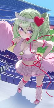 1girl absurdres blush breasts ccmk5555 cleavage closed_mouth clover commentary_request crop_top cropped_shirt day dot_nose double-parted_bangs four-leaf_clover full_body green_hair grey_skirt hair_between_eyes hair_ornament hand_on_own_hip hand_up heart heart_hair_ornament highres holding holding_pom_poms korean_commentary large_breasts leg_warmers long_bangs looking_at_viewer medium_hair midriff miniskirt multicolored_hair navel outdoors pink_shirt pink_shoes pleated_skirt pom_pom_(cheerleading) pom_poms purple_eyes shadow shirt shoes side_ponytail skirt smile sneakers solo split_mouth stadium standing stellive streaked_hair virtual_youtuber visor_cap white_leg_warmers