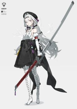 1girl aika_(neco) bare_shoulders belt belt_bag black_belt black_gloves black_hat black_skirt boots chinese_knot closed_mouth detached_sleeves earrings fukashin_ryouiki_(neco) full_body gloves greatsword grey_background grey_hair hair_between_eyes hair_ornament hat high-waist_skirt highres holding holding_sword holding_weapon jewelry juliet_sleeves lace-up_boots long_hair long_sleeves looking_at_viewer low_twintails mole mole_under_eye neco print_skirt puffy_sleeves purple_eyes revision shirt skirt sleeveless sleeveless_shirt solo standing star_(symbol) star_hair_ornament sword tassel tassel_earrings thigh_boots twintails very_long_hair weapon white_boots white_sleeves