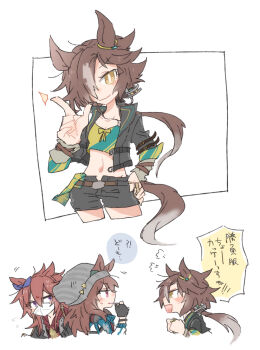 Rule 34 | 3girls, animal ears, beanie, beer hsk, black gloves, black jacket, black shorts, blue jacket, breasts, brown eyes, brown hair, cleavage, closed mouth, commentary request, crop top, cropped jacket, cropped legs, cropped torso, ears through headwear, fingerless gloves, gloves, grey hair, grey hat, hair between eyes, hair over one eye, hand on own hip, hand up, hat, highres, hood, hood down, hoodie, horse ears, horse girl, horse tail, index finger raised, jacket, long hair, long sleeves, low ponytail, mask, mouth mask, multicolored hair, multiple girls, nakayama festa (umamusume), navel, open clothes, open fly, open jacket, open shorts, orfevre (old design) (umamusume), ponytail, profile, puffy long sleeves, puffy sleeves, purple eyes, red eyes, red hoodie, shorts, small breasts, smile, striped clothes, striped headwear, tail, translation request, two-tone hair, umamusume, vertical-striped clothes, vertical-striped headwear, very long hair, vodka (umamusume), vodka (wild top gear) (umamusume), white background