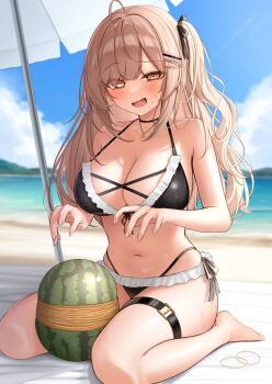 1girl bare_shoulders barefoot beach bikini black_bikini black_choker breasts brown_eyes brown_hair choker cleavage commentary_request day food fruit hair_ornament hairclip heart heart_necklace highres imouto-chan_(monaka_curl) jewelry large_breasts long_hair looking_at_viewer monaka_curl navel necklace open_mouth original outdoors paid_reward_available parasol raised_eyebrow rubber_band side_ponytail smile solo stomach swimsuit thigh_strap umbrella watermelon