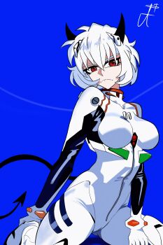 1girl absurdres angelic-night annoyed black_horns blue_background bodysuit crossover demon demon_girl demon_horns demon_tail helltaker highres horns looking_at_viewer malina_(helltaker) neon_genesis_evangelion red_eyes sitting tail wariza white_hair