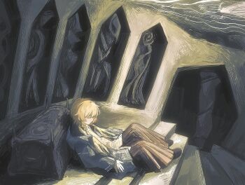1girl blonde_hair braid brown_skirt closed_eyes commentary commentary_request cyberseaurchin english_commentary highres long_skirt lying original pleated_skirt profile sarcophagus skirt sleeping solo stairs tomb twin_braids