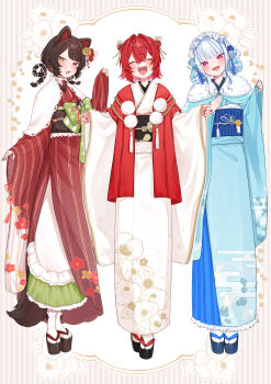 3girls 3znk :d ^_^ absurdres alternate_costume alternate_hairstyle ange_katrina animal_ears animal_print apron aqua_nails bird_ornament bird_print black_sandals black_sash blue_flower blue_hair blue_kimono blue_sandals blue_sash blue_shawl blue_skirt blush border bow braid braided_bun braided_hair_rings brown_border brown_hair brown_sandals brown_sash brown_tail closed_eyes commentary_request dog_ears dog_girl dog_tail dot_nose double_bun egasumi fang floral_border floral_print floral_print_kimono floral_print_sash flower frilled_apron frilled_hairband frilled_sash frilled_skirt frills full_body fur_shawl furisode gold_trim gradient_clothes gradient_kimono green_bow green_nails green_skirt hair_between_eyes hair_bun hair_flower hair_intakes hair_ornament hair_ribbon hair_rings hairband hand_on_own_chest hand_up hands_up head_tilt heterochromia highres inui_toko japanese_clothes kanzashi kimono lips lize_helesta long_bangs long_hair long_skirt looking_at_viewer multicolored_hair multiple_girls nail_polish nijisanji obi obiage obidome obijime okobo open_mouth platform_sandals pom_pom_(clothes) print_kimono print_sash purple_eyes purple_kimono red_eyes red_hair red_kimono red_nails red_shawl ribbon sanbaka_(nijisanji) sandals sash sebastian_piyodore see-through_clothes see-through_shawl shawl shippou_(pattern) short_hair sidelocks simple_background skirt sleeves_past_wrists smile socks standing streaked_hair striped_clothes striped_kimono tabi tail tail_under_clothes tassel tassel_hair_ornament teeth tree_print tsumami_kanzashi twin_braids two-tone_hair upper_teeth_only vertical-striped_clothes vertical-striped_kimono virtual_youtuber white_apron white_background white_flower white_hair white_hairband white_kimono white_shawl white_socks yellow_eyes yellow_flower