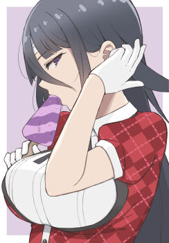 1girl absurdres black_hair border breasts collared_shirt commentary_request dress_shirt food framed_breasts gloves hair_behind_ear hair_between_eyes hands_up highres holding holding_food jacket large_breasts looking_at_viewer plaid_clothes plaid_jacket popsicle puffy_short_sleeves puffy_sleeves purple_background purple_eyes red_jacket shirt short_sleeves solo temari_rin tucking_hair upper_body white_border white_gloves white_shirt yamada_tae zombie_land_saga