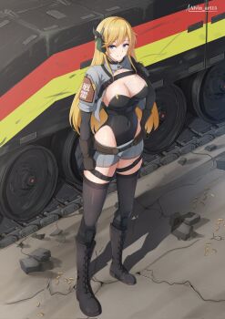 1girl alvin_art15 artist_name blonde_hair blue_eyes blush boots breasts cleavage elsa_(senrai_maidens) full_body gloves headphones highres large_breasts leopard_2 long_hair military_vehicle motor_vehicle shell_casing shorts skindentation smile solo tank thighhighs war_thunder
