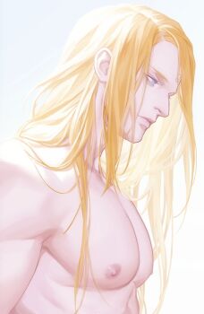 Rule 34 | 1boy, aquiline nose, blonde hair, blue eyes, closed mouth, commentary, english commentary, final fantasy, final fantasy xiv, from side, lips, long hair, looking down, male focus, nipples, nose, nude, pectorals, profile, simple background, solo, white background, zenos yae galvus, zhyphenth