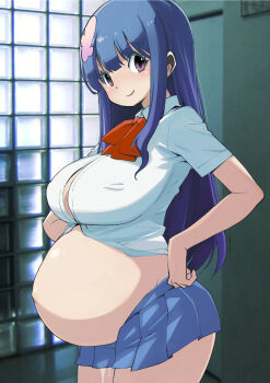 1girl big_belly blue_hair blue_skirt blunt_bangs blush breasts colored_eyelashes commentary_request covered_erect_nipples cowboy_shot hair_ornament highres indoors large_breasts long_hair looking_at_viewer miniskirt muramasa_mikado navel no_bra pleated_skirt pregnant purple_eyes school_uniform shirt skirt smile solo thighs white_shirt