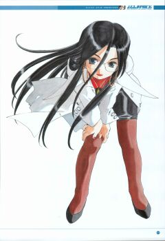 Rule 34 | 1girl, absurdres, artbook, bent over, black footwear, black hair, button gap, buttons, character name, closed mouth, collar, collared coat, earrings, english text, flats, fujishima kousuke, grey eyes, hair between eyes, halftone, hand on own knee, highres, hoop earrings, jewelry, justice gakuen, legs apart, lipstick, long hair, long sidelocks, long sleeves, looking at viewer, makeup, minazuki kyoko, mixed-language text, moire, necklace, numbered, page number, pantyhose, pink nails, red lips, red sweater, rimless eyewear, scan, shiritsu justice gakuen, smile, solo, standing, straight hair, sweater, very long hair, very long sidelocks, white background, white collar, white sleeves