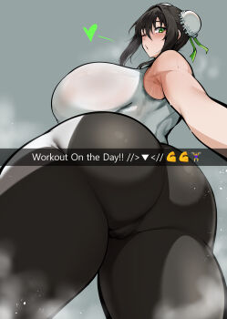 1girl absurdres ass black_hair black_pants blush breasts bun_cover commentary_request double_bun english_text fate/grand_order fate_(series) green_eyes green_ribbon hair_bun hair_ribbon highres huge_breasts looking_at_viewer looking_back medium_hair one_eye_closed owner1657 pants qin_liangyu_(fate) ribbon shirt sidelocks sleeveless sleeveless_shirt solo thick_thighs thighs white_shirt yoga_pants