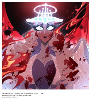 1girl angel angel_wings blood blood_in_hair blood_on_clothes blue_eyes dark-skinned_female dark_skin dress feathered_wings hazbin_hotel hellaverse highres long_hair sansintei_auto sera_(hazbin_hotel) solo white_dress white_hair wings