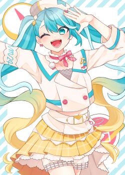absurdres arm_up beret blonde_hair blush bow collarbone cropped_jacket diamond_(shape) diamond_hair_ornament gradient_hair hat hatsune_miku highres jacket kogemu_(kgm_3) long_hair long_sleeves looking_at_viewer magical_mirai_(vocaloid) magical_mirai_miku magical_mirai_miku_(2024) midriff multicolored_hair musical_note musical_note_ornament navel number_earrings official_alternate_costume official_alternate_hairstyle open_mouth pink_bow plaid_clothes plaid_skirt pleated_skirt shorts shorts_under_skirt skirt smile twintails very_long_hair vocaloid white_hat white_jacket yellow_skirt