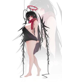 Rule 34 | 1girl, alternate costume, antenna hair, backless dress, backless outfit, bare arms, bare legs, bare shoulders, black hair, black sweater, blood, blood halo, blue archive, blush, breasts, closed mouth, commentary request, dress, full body, halo, highres, korean commentary, large breasts, liquid halo, long hair, looking at viewer, musclexm, naked sweater, red eyes, red halo, red scarf, scarf, sideboob, simple background, sleeveless, sleeveless sweater, smile, solo, standing, sweater, sweater dress, tsurugi (blue archive), very long hair, virgin killer sweater, white background, wings