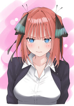 1girl absurdres black_cardigan black_ribbon blue_eyes blunt_bangs blush breasts butterfly_hair_ornament cardigan closed_mouth collarbone collared_shirt go-toubun_no_hanayome hair_ornament hair_ribbon highres ldeeeeeeeeeejo looking_at_viewer nakano_nino open_cardigan open_clothes pink_hair pout purple_background ribbon shirt short_hair solo two_side_up white_shirt
