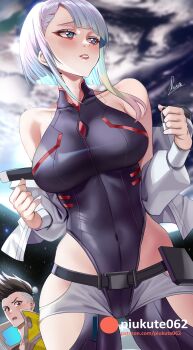 1boy 1girl absurdres asymmetrical_hair blue_eyes blush bob_cut breasts covered_navel cropped_jacket cyberpunk_(series) cyberpunk:_edgerunners david_martinez eyeliner gradient_hair heattech_leotard highleg highleg_leotard highres jacket large_breasts leotard looking_to_the_side lucy_(cyberpunk) makeup mohawk multicolored_hair off_shoulder parted_lips piukute062 purple_leotard raised_eyebrows red_lips short_hair sky sleeveless sleeveless_turtleneck sleeveless_turtleneck_leotard solo_focus star_(sky) starry_sky turtleneck white_hair white_jacket