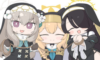 3girls black_dress black_hair blue_archive blue_neckerchief bound bound_wrists braid breasts brown_hair chibi commentary_request dress flower hair_between_eyes hair_over_one_eye halo highres hinata_(blue_archive) large_breasts long_hair long_sleeves mari_(blue_archive) miranofuudoria multiple_girls neckerchief nun purple_eyes sakurako_(blue_archive) simple_background single_braid veil very_long_hair white_background white_flower wide_sleeves