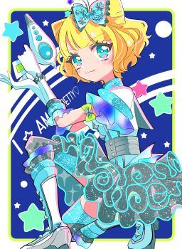 1girl :3 absurdres blonde_hair blue_bow blue_eyes blunt_bangs bow butterfly_hair_ornament cone_hair_bun double_bun english_text from_side gun hair_bow hair_bun hair_ornament handgun highres idol_clothes looking_at_viewer madori_(1ldkplanet) minami_mirei pretty_series pripara science_fiction short_hair smile solo weapon