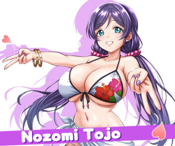 1girl bikini breasts character_name collarbone double_v floral_print floral_print_bikini front-tie_bikini_top front-tie_top green_eyes hair_ornament heart highres large_breasts long_hair looking_at_viewer love_live! love_live!_school_idol_project low_twintails menchi_(pixiv) print_bikini purple_hair purple_nails scrunchie smile swimsuit tojo_nozomi twintails v white_bikini