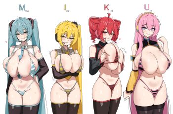 4girls :> ahoge akita_neru alternate_breast_size_(larger) angry aqua_bikini aqua_eyes aqua_hair aqua_nails aqua_necktie aqua_trim areola_slip arm_tattoo arm_up arms_under_breasts between_breasts bikini black_bikini black_ribbon black_shrug black_sleeves blonde_hair blush breasts breasts_squeezed_together brown_thighhighs cleavage closed_mouth collared_shrug commentary crossed_arms cup_size detached_sleeves dotthebot drill_hair english_commentary grey_bikini grey_shrug groin hair_between_eyes hair_ribbon hand_on_own_hip hatsune_miku headphones highres huge_breasts kasane_teto kasane_teto_(utau) long_hair long_sleeves looking_at_viewer medium_hair megurine_luka micro_bikini microphone midriff multicolored_bikini multiple_girls nail_polish navel necktie necktie_between_breasts pink_bikini pink_eyes pink_hair red_bikini red_eyes red_hair red_trim ribbon shrug_(clothing) side_ponytail simple_background skindentation sleeves_past_wrists smile stomach striped_bikini striped_clothes sweat swimsuit tattoo thighhighs thighs tongue tongue_out twin_drills twintails two-tone_bikini utau very_long_hair vocaloid white_background white_shrug yellow_bikini yellow_eyes yellow_necktie yellow_sleeves yellow_trim