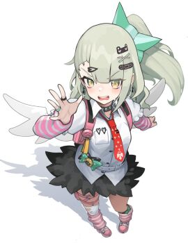 1girl arm_up bandaid bandaid_hair_ornament black_skirt blush chinatsu_remiel earrings from_above full_body fur-trimmed_skirt fur_trim green_eyes green_hair hair_ornament hashtag-only_commentary heart heart_hair_ornament heart_hairclip jewelry leg_warmers long_hair looking_at_viewer matsuhisa_(ryo-tsuda1) multicolored_eyes multiple_thigh_straps musical_note_earrings necktie open_mouth pink_arm_warmers pink_bag pink_leg_warmers pink_shoes ponytail red_necktie shadow shirt shoes simple_background skirt solo striped_arm_warmers striped_leg_warmers sweatdrop thigh_strap v-shaped_eyebrows waving white_background white_shirt winged_bag yellow_eyes zenless_zone_zero
