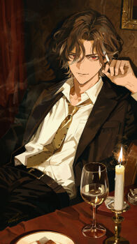 Rule 34 | 1boy, absurdres, alcohol, ashtray, belt, black belt, black jacket, black pants, blowing smoke, brown hair, candle, candlestand, cigarette, cigarette butt, cigarette pack, collared shirt, commentary request, cup, dress shirt, drinking glass, fire, formal clothes, hair between eyes, highres, holding, holding cigarette, honkai: star rail, honkai (series), indoors, jacket, long sleeves, looking at viewer, male focus, mr. reca (honkai: star rail), nanjo maya, necktie, pants, parted lips, red eyes, shirt, short hair, signature, sitting, smoking, solo, suit, suit jacket, symbol-shaped pupils, table, tablecloth, triangle-shaped pupils, white shirt, wine, wine glass, yellow necktie